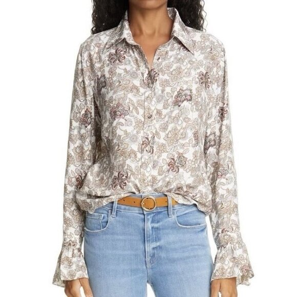Frame 70’s Floral Paisley Long Sleeve Button Down Silk Blouse Women’s Sz Medium - Picture 1 of 11